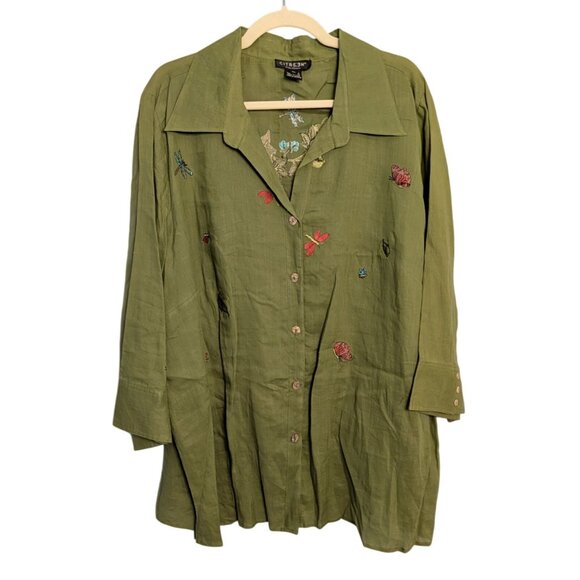 Citron Santa Monica 3X Green Button-Up Embroidered Ramie Tunic Top Boho Artsy - Picture 1 of 16